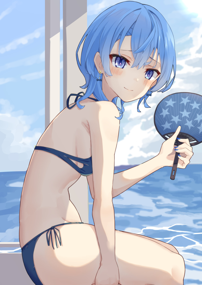 1girl absurdres beach bikini blue_eyes blue_hair blue_nails earrings hand_fan highres hololive hoshimachi_suisei jewelry kisara_mikami looking_at_viewer looking_to_the_side midriff nail_polish paper_fan shirt short_hair sitting smile solo swimsuit virtual_youtuber water