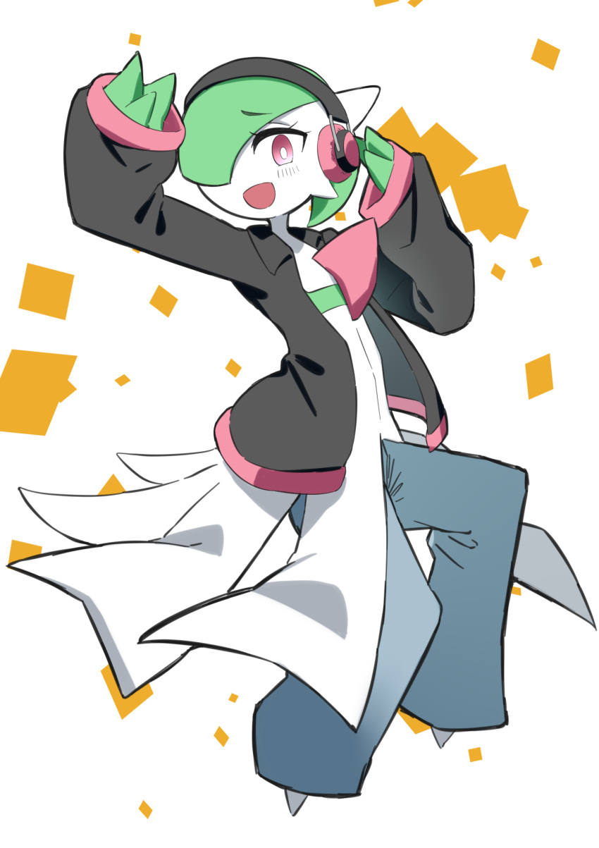 1girl arm_up black_jacket blue_pants blush bob_cut bright_pupils clothed_pokemon collared_jacket colored_skin commentary_request flat_chest full_body gardevoir green_hair green_skin hair_over_one_eye hand_up happy headphones highres jacket light_blush long_sleeves looking_at_viewer m3_(gardevoir_m3) multicolored_skin one_eye_covered open_clothes open_jacket open_mouth pants partial_commentary pink_trim pokemon pokemon_(creature) raised_eyebrows red_eyes short_hair sleeves_past_wrists smile solo standing two-tone_skin white_background white_pupils white_skin