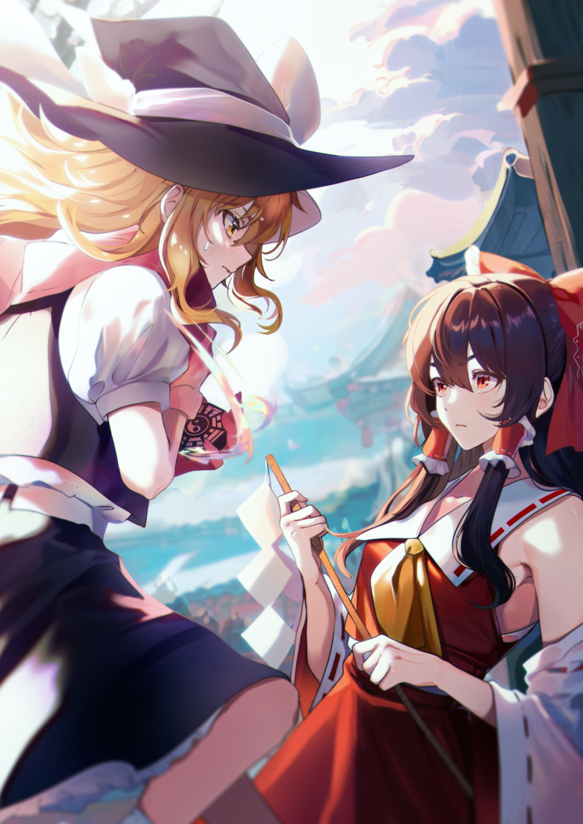 2girls architecture armpit_crease black_skirt blonde_hair bow breasts brown_eyes brown_hair cloud cup detached_sleeves east_asian_architecture gohei hair_between_eyes hair_bow hair_tubes hakurei_reimu hat highres holding holding_cup holding_gohei kirisame_marisa medium_breasts multiple_girls nontraditional_miko puffy_short_sleeves puffy_sleeves ribbon-trimmed_sleeves ribbon_trim short_sleeves sidelocks skirt skirt_set touhou wide_sleeves witch_hat yellow_eyes yen-mi