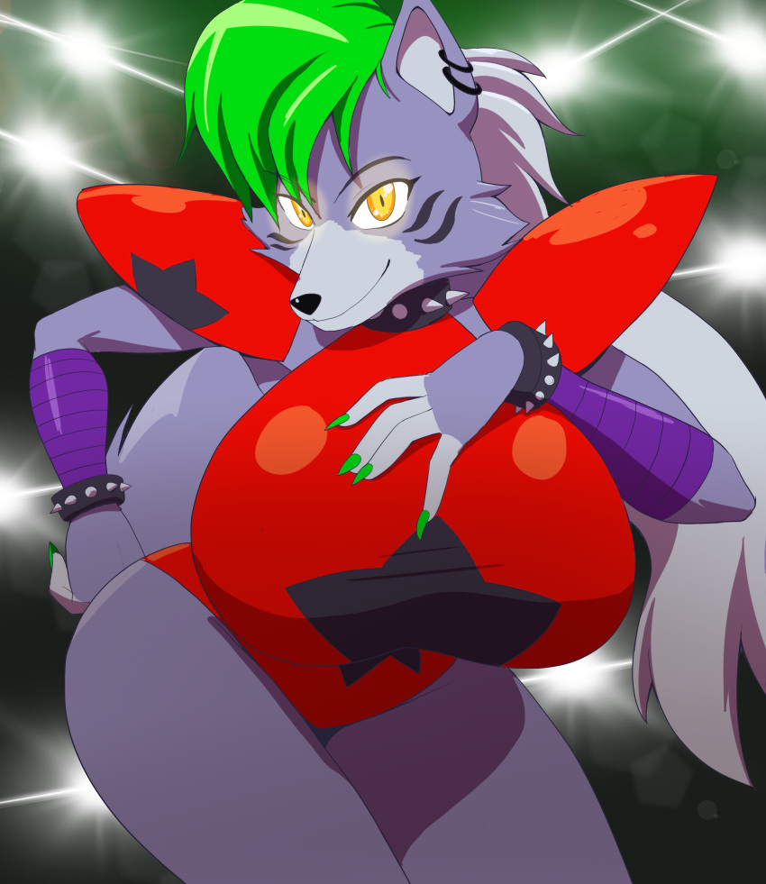absurd_res anthro arm_wraps big_breasts bracelet breasts canid canine canis collar ear_piercing ear_ring female five_nights_at_freddy's five_nights_at_freddy's:_security_breach glowing glowing_eyes hand_on_hip hi_res huge_breasts jewelry kojiro-brushard leaning leaning_forward lens_flare looking_at_viewer mammal piercing ring_piercing roxanne_wolf_(fnaf) scottgames solo spiked_bracelet spiked_collar spikes steel_wool_studios wolf wraps