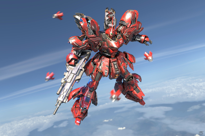 3d aaronhanart absurdres beam_rifle blue_sky char's_counterattack cloud damaged dirty emblem energy_cannon energy_gun english_commentary flying gundam highres machinery mecha mobile_suit neo_zeon no_humans photo_background realistic robot roundel sazabi science_fiction sky weapon