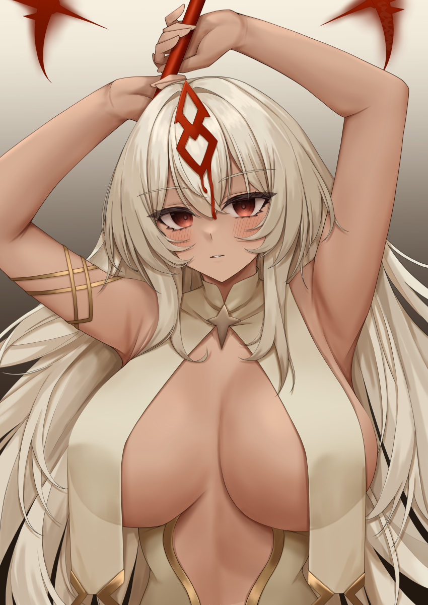 1girl absurdres armpits arms_up azur_lane blush breast_curtains breasts cleavage gradient_background highres holding large_breasts long_hair parted_lips red_eyes sao_martinho_(azur_lane) simple_background solo ueyama_0clock upper_body white_hair