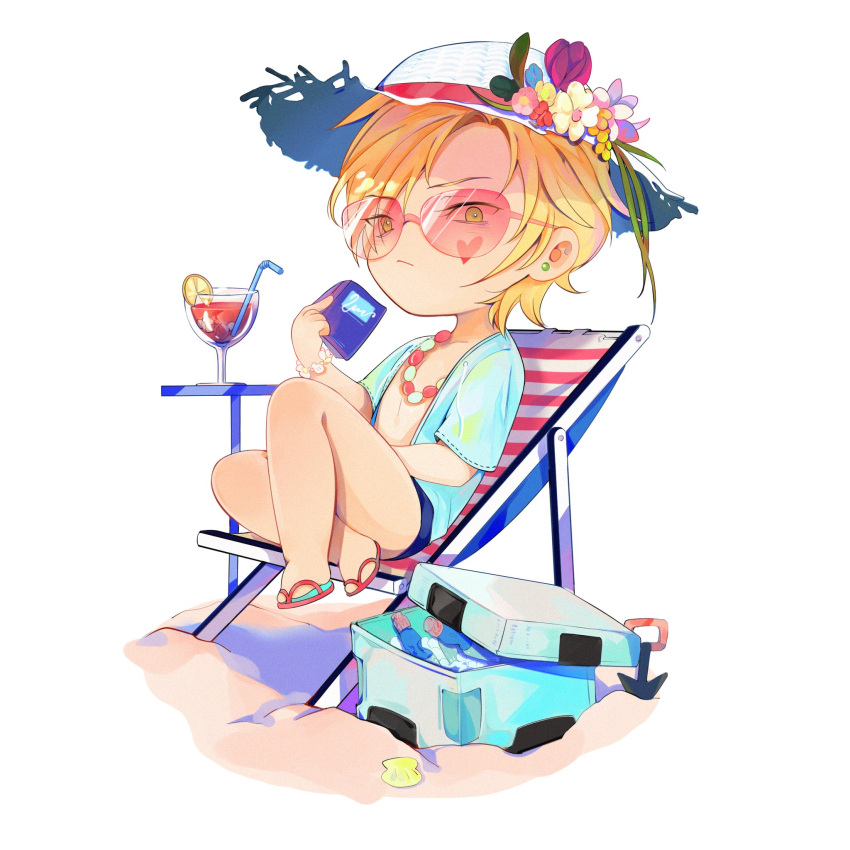 1boy ash_lynx banana_fish beach_chair blonde_hair blue_shirt blue_swim_trunks book bracelet chibi closed_mouth cocktail cooler earrings facial_mark flower_in_hat full_body green_eyes hat heart heart_tattoo highres holding holding_book jewelry looking_at_viewer male_focus necklace open_clothes open_shirt red-framed_eyewear sand sandals shell shell_necklace shirt short_hair shovel sitting solo sun_hat sunglasses tattoo vidave1