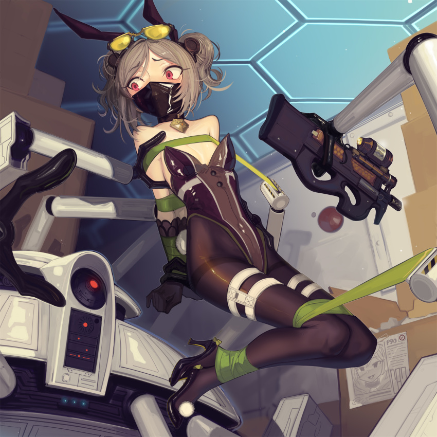 1girl animal_ears arms_behind_back black_footwear black_pantyhose bullpup cad_(caddo) double_bun eyewear_on_head girls'_frontline grey_hair gun hair_bun high_heels highleg highleg_leotard highres leotard mask medium_hair mouth_mask oversized_breast_cup p90 p90_(girls'_frontline) pantyhose playboy_bunny rabbit_ears red_eyes restrained robot sitting smile solo submachine_gun thigh_strap thighband_pantyhose weapon