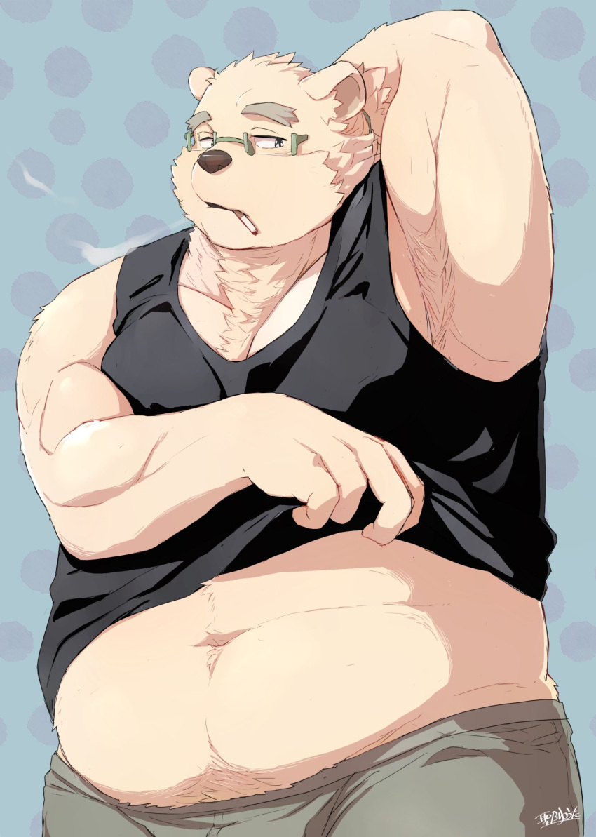 2023 anthro bear belly big_belly clothing eyewear glasses hi_res hijirinoyuta kemono leib_(tas) lifewonders male mammal navel overweight overweight_male polar_bear shirt smoking solo tokyo_afterschool_summoners topwear ursine