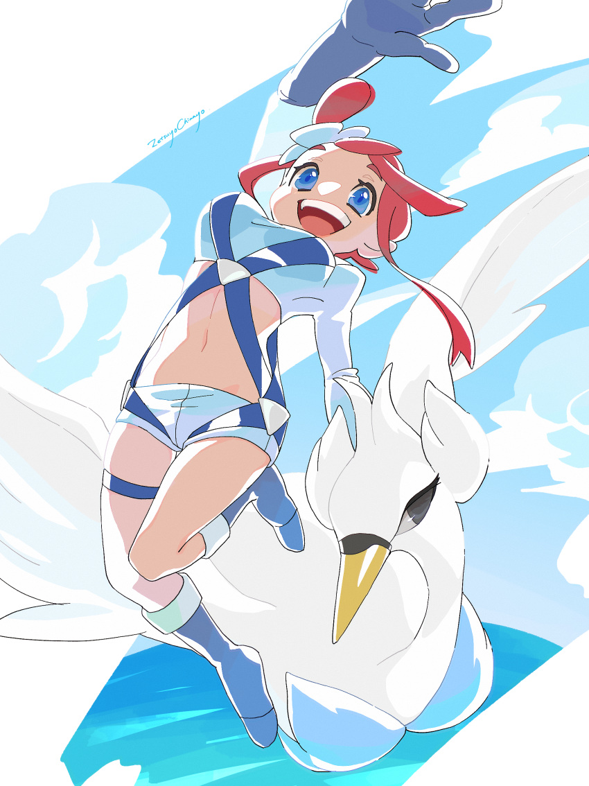 1girl :d absurdres arm_up artist_name bird blue_eyes blue_footwear blue_gloves blue_shorts blue_sky boots breasts cloud elbow_gloves gloves hair_bun highres knee_boots long_hair looking_at_viewer medium_breasts open_mouth pokemon pokemon_(creature) pokemon_(game) pokemon_bw red_hair short_shorts shorts single_side_bun sky skyla_(pokemon) smile solo swan swanna teeth thigh_strap thighs upper_teeth_only zetsuyo_chimayo