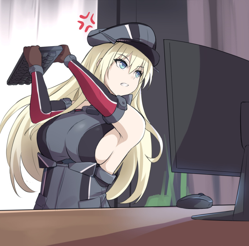 1girl anger_vein angry_german_kid bismarck_(kancolle) blonde_hair blue_eyes breasts brown_gloves detached_sleeves gloves grey_headwear hat kantai_collection keyboard_(computer) large_breasts long_hair monitor mouse_(computer) peaked_cap shirt sleeveless sleeveless_shirt solo upper_body zuikillme