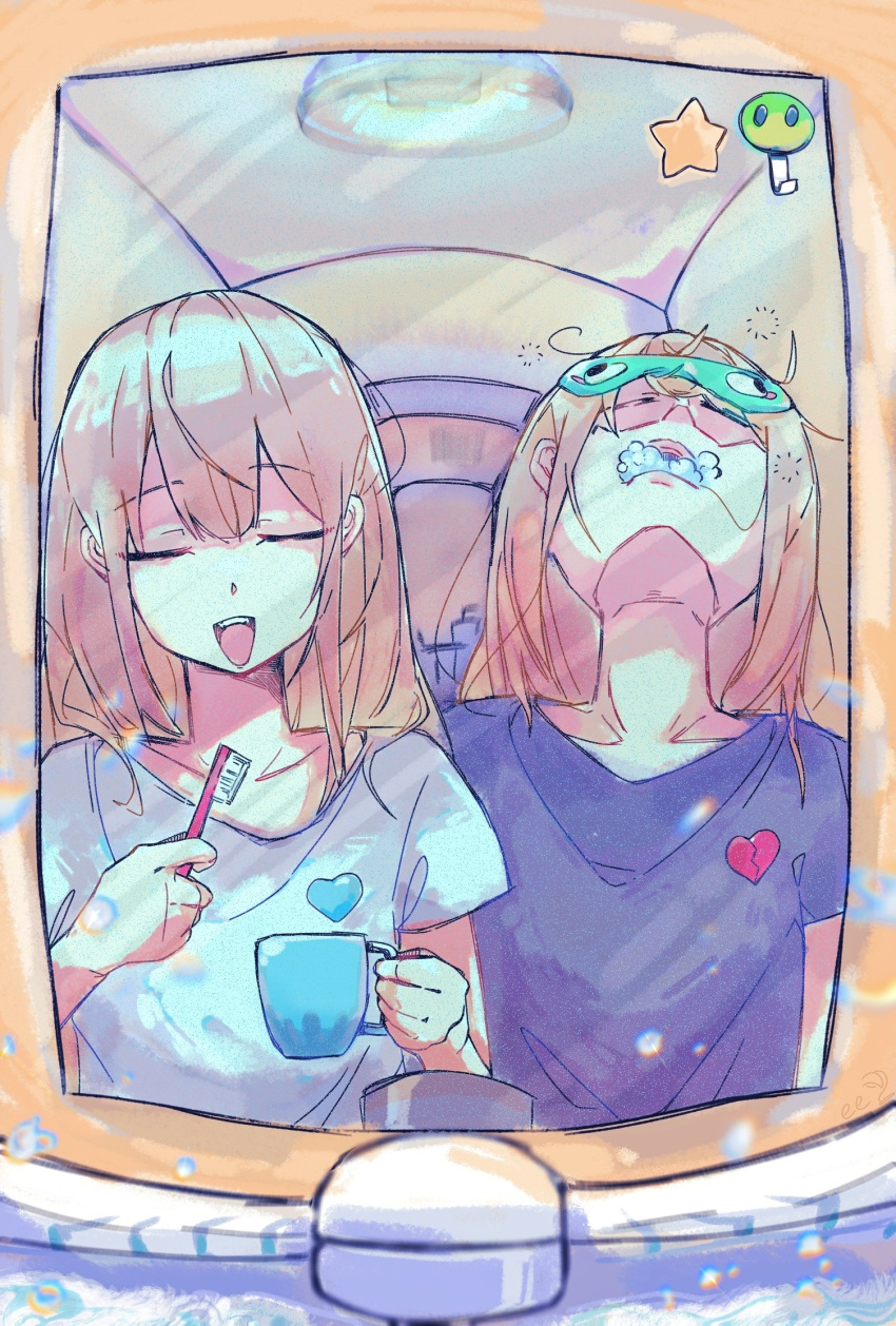 2girls badge black_shirt broken_heart button_badge buttons ceiling_light closed_eyes cup eenightlamp evil_neuro-sama gargling heart_button highres holding holding_cup holding_toothbrush indie_virtual_youtuber light_brown_hair long_hair mirror multiple_girls neuro-sama open_mouth shirt sink sleep_mask soap_bubbles star_button t-shirt toothbrush turtle virtual_youtuber white_shirt