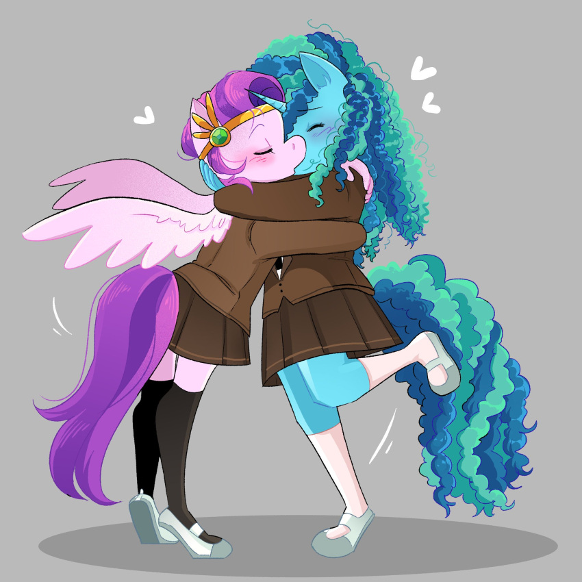 &lt;3 2023 anthro anthrofied blue_body blue_hair blue_tail blush bottomwear brown_clothing clothing crown curled_hair digital_media_(artwork) duo embrace equid equine eyes_closed feathered_wings feathers female female/female footwear fur grey_background hair hasbro headgear hi_res horn hug kissing long_hair mammal misty_(g5) mlp_g5 multicolored_hair my_little_pony pegasus pink_body pink_feathers pink_fur pipp_petals_(mlp) purple_hair purple_tail school_uniform shoes simple_background skirt socks stevetwisp tail two_tone_hair two_tone_tail unicorn uniform wings