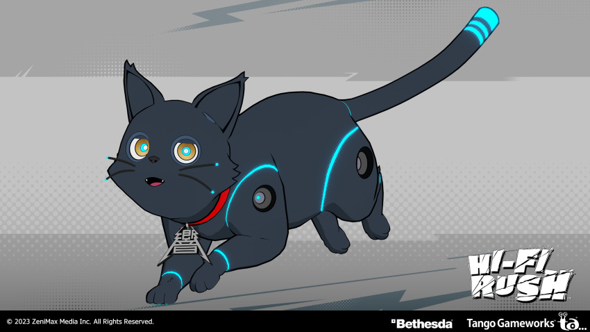 16:9 2023 3d_(artwork) 4k 808_(hi-fi_rush) absurd_res bethesda_softworks black_body black_fur blue_markings blue_pawpads blue_pupils collar collar_tag copyright_symbol digital_media_(artwork) dipstick_tail domestic_cat english_text felid feline felis feral fur grey_background hi-fi_rush hi_res logo looking_at_viewer machine mammal markings official_art open_mouth pawpads paws pupils robot simple_background solo symbol tail tail_markings tango_gameworks text tongue whisker_markings widescreen yellow_eyes yosuke_ishikawa