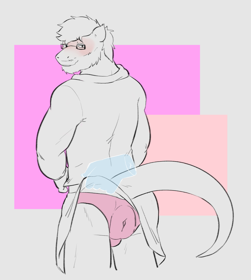 anthro anus blush bottomwear clothed clothing clothing_lift crossdressing disembodied_hand dragon dressing eyewear flustered ghost_hands glasses hi_res looking_back male muscular puffy_anus scalie skirt skirt_lift thehuskydragon visible_underwear