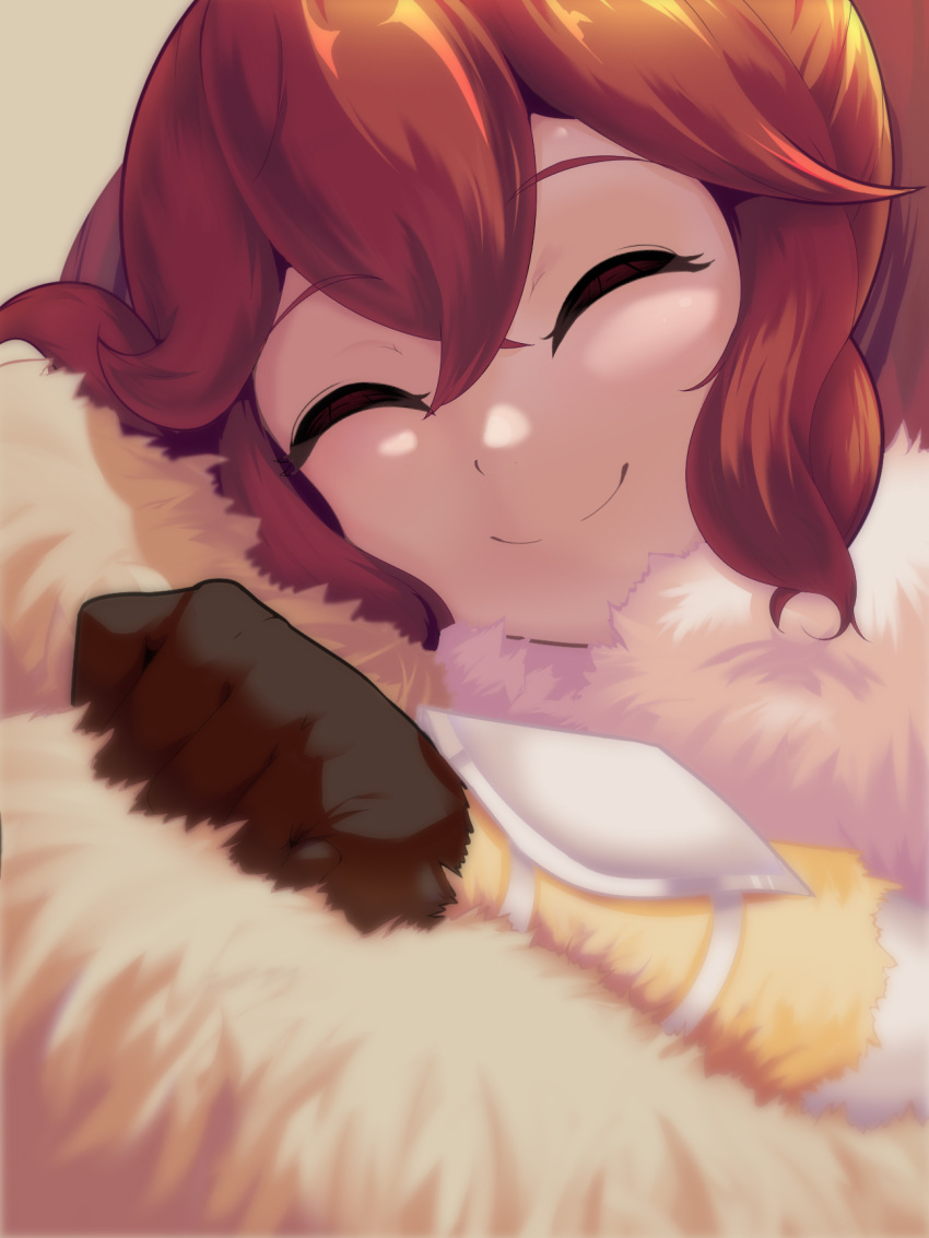 1girl anna_(fire_emblem) bracer closed_eyes fire_emblem fire_emblem_engage fur_blanket gloves hair_between_eyes highres keldancon ponytail red_hair smile solo