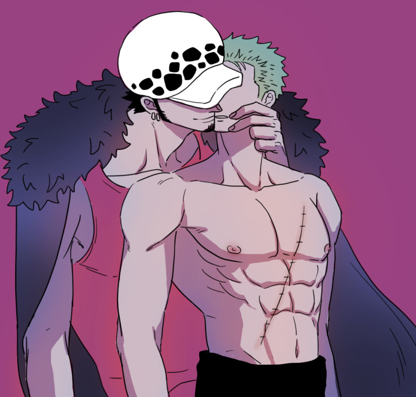2boys abs bara black_hair chayo_(sprkvp) earrings facial_hair fur_collar goatee hand_on_another's_cheek hand_on_another's_face hat_over_eyes imminent_kiss jewelry large_pectorals long_sideburns male_focus multiple_boys muscular muscular_male navel nipples one_piece pectorals purple_background red_tank_top roronoa_zoro short_hair sideburns smile stomach tank_top topless_male trafalgar_law upper_body yaoi