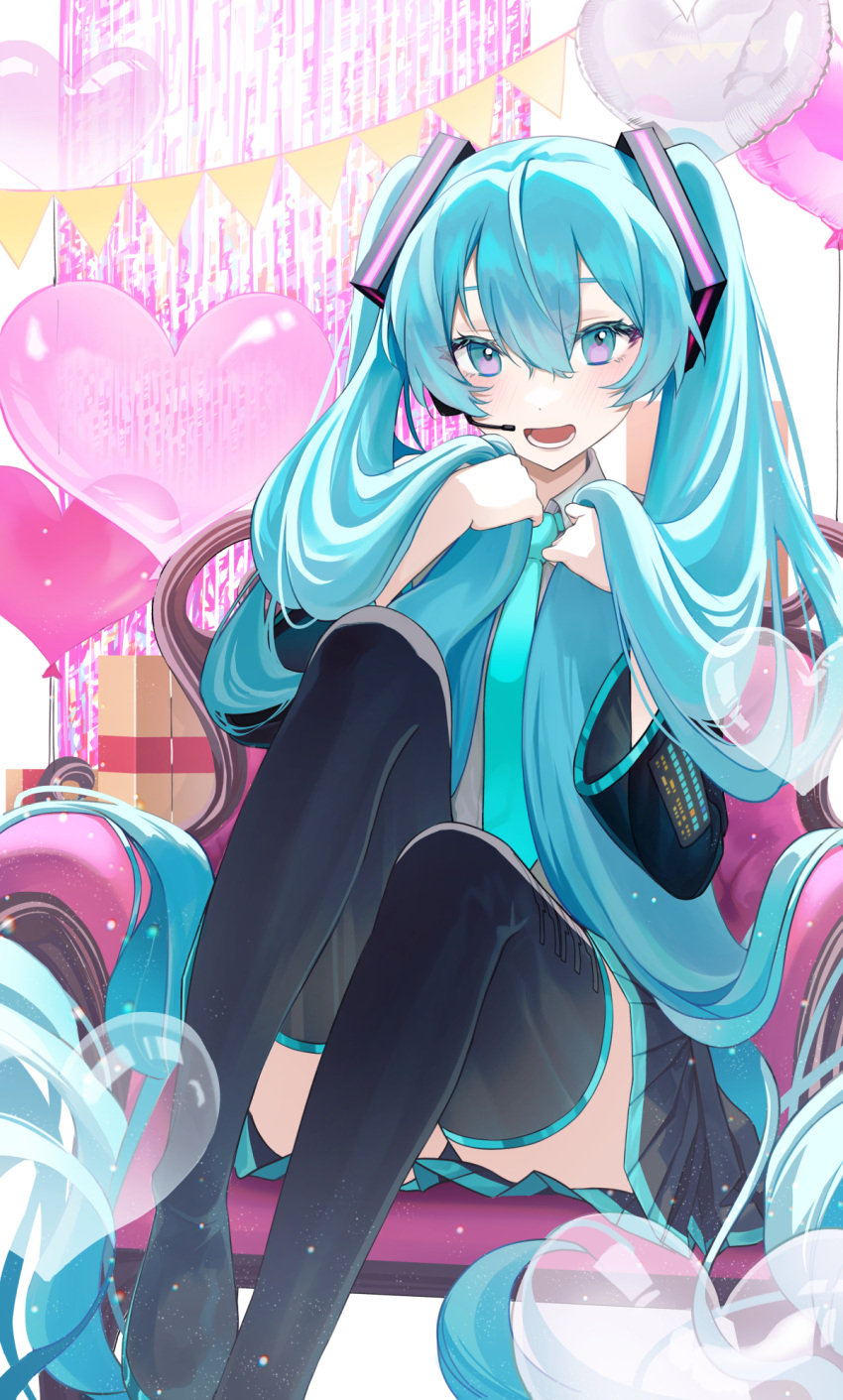 1girl :d aqua_hair aqua_necktie armchair balloon black_footwear black_skirt blush boots bunching_hair chair detached_sleeves gift grey_shirt hatsune_miku heart_balloon highres liso long_hair long_sleeves looking_at_viewer miniskirt necktie open_mouth pennant pleated_skirt purple_eyes shirt sitting skirt smile solo thigh_boots twintails very_long_hair vocaloid