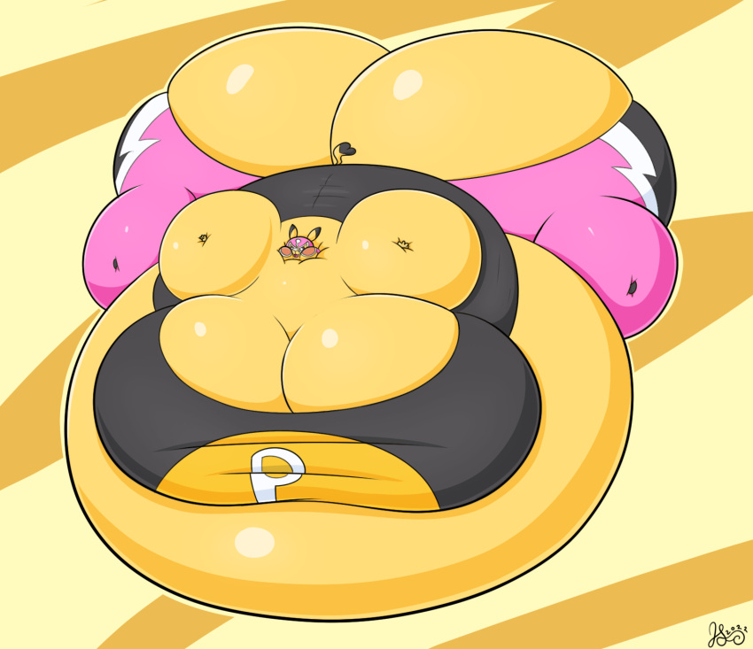 anthro belly belly_inflation big_belly big_breasts big_butt black_clothing breast_expansion breasts butt butt_expansion clothing cosplay_pikachu_(costume) expansion female floating fur happy hi_res huge_breasts huge_butt hyper hyper_belly hyper_breasts hyper_butt hyper_inflation immobile inflation inflation_fetish jackiesquirrel nintendo pikachu_libre pink_clothing pink_mask pokemon puffed_cheeks solo susie_(reathe) tight_clothing wrestling_outfit yellow_body yellow_fur