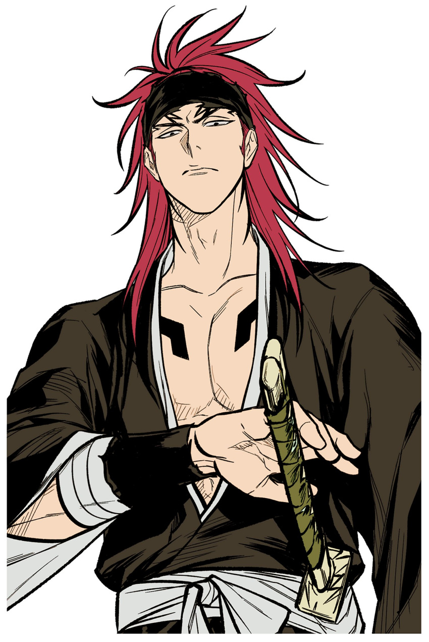 1boy abarai_renji arm_wrap black_eyes black_headband black_shirt bleach c00w6 chest_tattoo closed_mouth collarbone furrowed_brow headband highres looking_at_viewer looking_down male_focus obi pectoral_cleavage pectorals red_hair sash sheath sheathed shihakusho shirt solo sword tattoo upper_body weapon white_background wide_sleeves