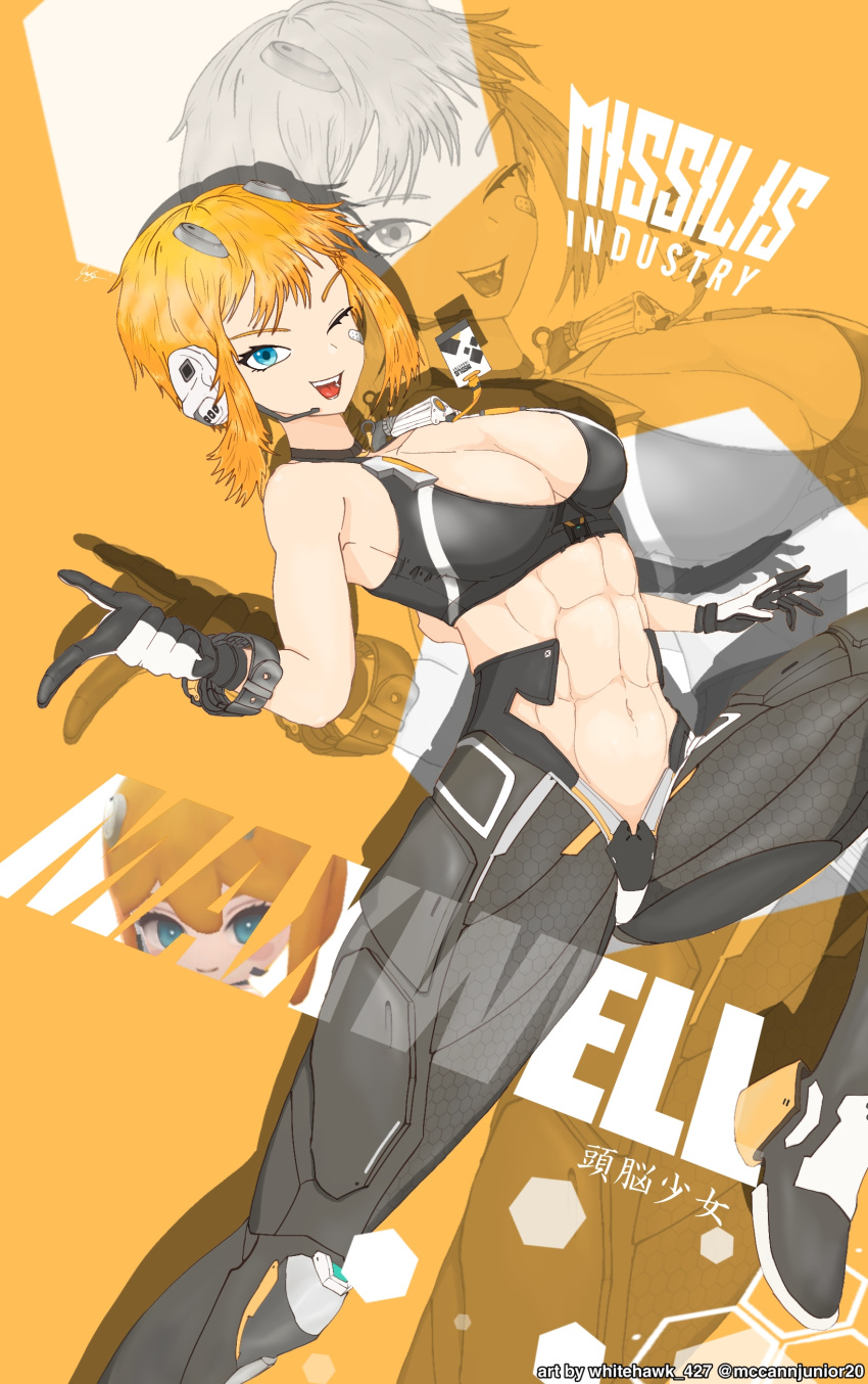 1girl ;d abs absurdres armored_boots artist_name bandaid bandaid_on_cheek bandaid_on_face bare_shoulders black_choker black_gloves black_sports_bra blonde_hair blue_eyes boots breasts character_name choker cleavage collarbone drop_shadow earpiece english_commentary gloves goddess_of_victory:_nikke highres index_finger_raised looking_at_viewer maxwell_(mechanic_white)_(nikke) maxwell_(nikke) medium_breasts mixed-language_commentary navel no_jacket one_eye_closed open_mouth shadow short_hair short_hair_with_long_locks sidelocks smile solo sports_bra stomach two-tone_gloves white_gloves whitehawk_427 yellow_background zoom_layer