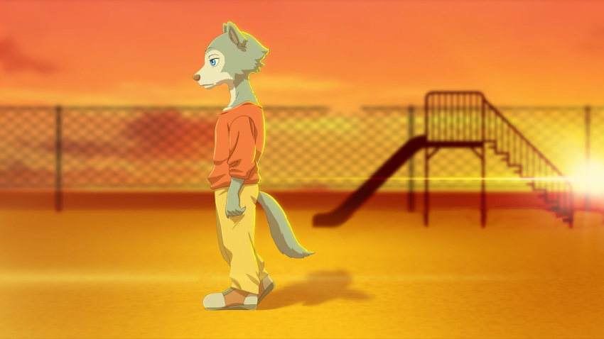 3d_(artwork) anthro beastars blue_eyes bottomwear broken canid canine canis clothed clothing cloud dark_side digital_media_(artwork) dirt evening footwear fur grey_body grey_fur ground hi_res legoshi_(beastars) light male mammal net orange_co. pants photo_background photography_(artwork) railing red_clothing shadow shoes side_view silhouette sky slide solo stage street_lamp sun walking white_body white_clothing white_footwear white_fur white_shoes wolf xdzy111 yellow_bottomwear yellow_clothing yellow_pants