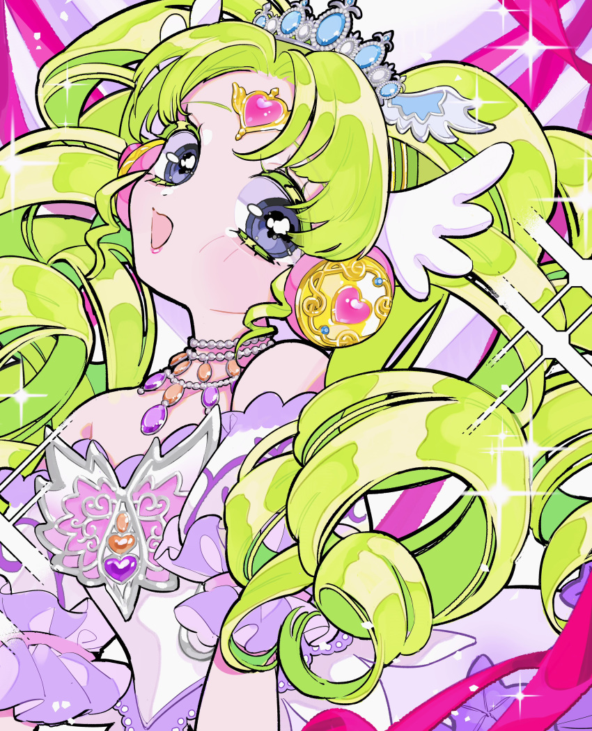 1girl absurdres blush dress drill_hair falulu headphones highres light_green_hair looking_at_viewer multicolored_background off-shoulder_dress off_shoulder open_mouth pink_ribbon pretty_(series) pripara purple_background purple_eyes ribbon short_sleeves smile solo tiara twin_drills wasure_(ponmg402) white_background white_dress wing_hair_ornament