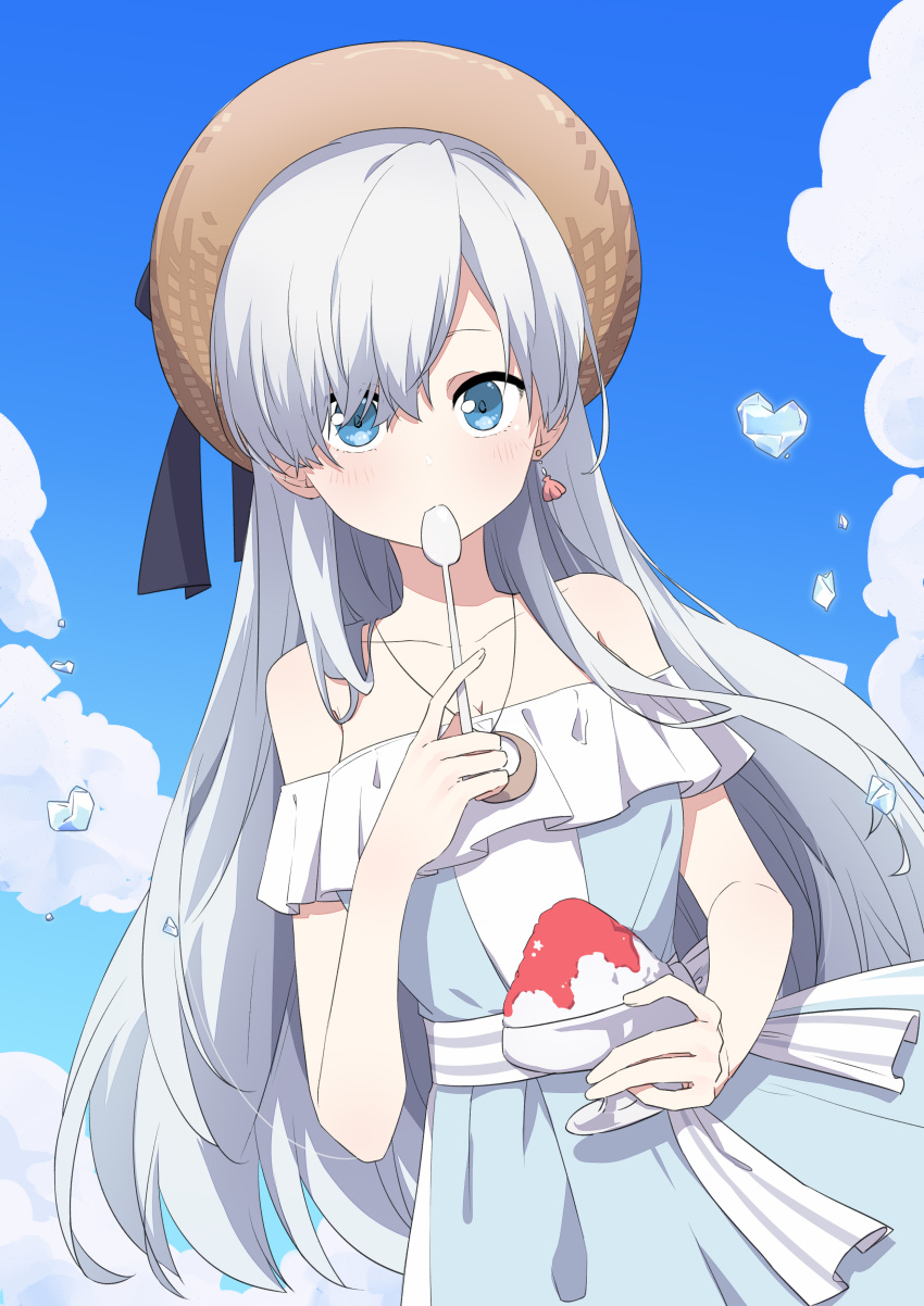 1girl absurdres anastasia_(fate) anastasia_(swimsuit_archer)_(fate) anastasia_(swimsuit_archer)_(first_ascension)_(fate) blue_eyes dress earrings eating fate/grand_order fate_(series) food grey_hair hair_over_one_eye hat highres holding holding_spoon ice jewelry lizi long_hair shaved_ice shell shell_earrings single_earring spoon straw_hat sundress utensil_in_mouth