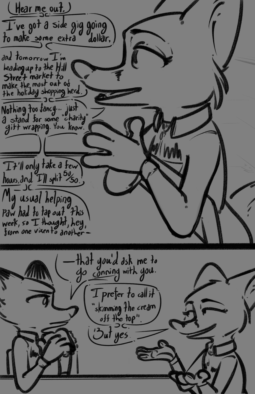 2022 anthro canid canine chair clothing comic dialogue disney duo fan_character female food fox furniture hi_res holding_food holding_object mammal michelle_densmore monochrome mrs._wilde red_fox sandwich_(food) simple_background speech_bubble table tangerine_(artist) uniform zootopia