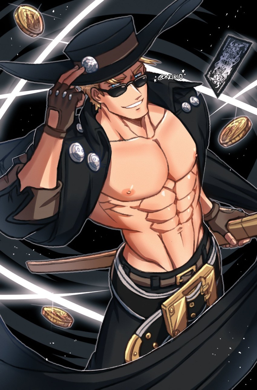 1boy abs adjusting_clothes adjusting_headwear bara bare_pectorals belt blonde_hair card coin feet_out_of_frame fingerless_gloves from_above gloves gold_coin grin guilty_gear guilty_gear_strive hat highres johnny_(guilty_gear) large_pectorals long_hair looking_at_viewer looking_over_eyewear male_focus muscular muscular_male navel nipples oneirio pectorals playing_card smile solo stomach sunglasses v-taper