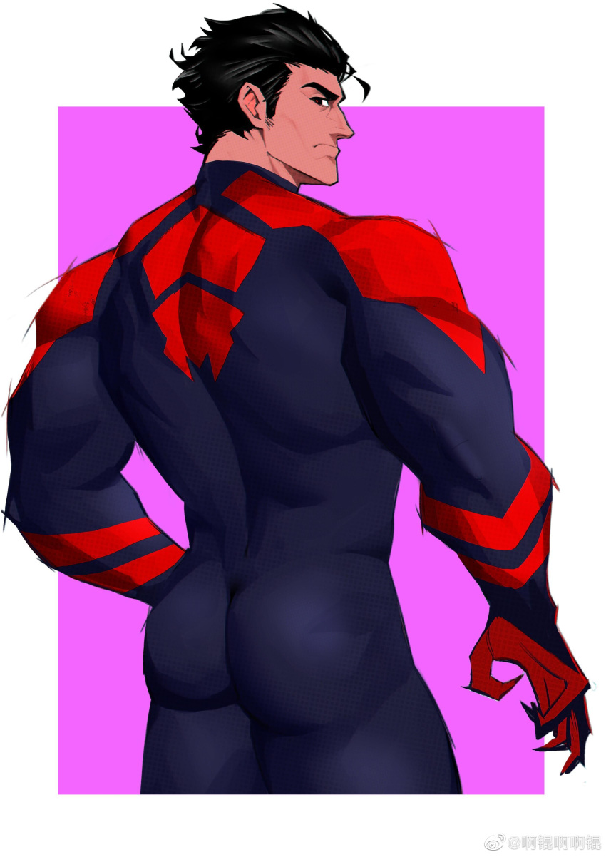 1boy absurdres akunaakun_(kunkun586586) ass back back_focus bara black_hair blue_bodysuit bodysuit cheekbones cropped_legs fangs from_behind frown hair_slicked_back highres long_sideburns looking_at_viewer looking_back male_focus marvel mature_male miguel_o'hara muscular muscular_male print_bodysuit red_bodysuit red_pupils short_hair sideburns skin_tight solo spider-man:_across_the_spider-verse spider-man_(2099) spider-man_(series) thick_eyebrows thick_thighs thighs two-tone_bodysuit