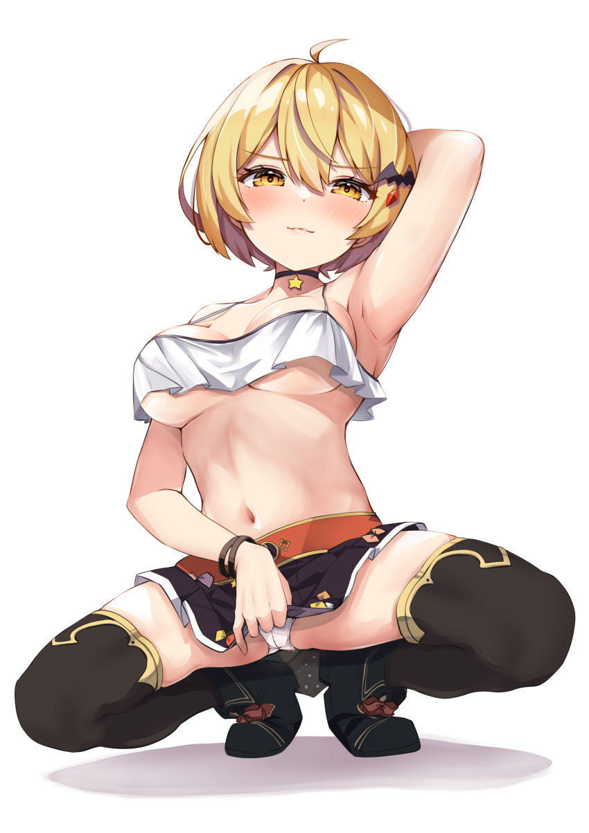 1girl absurdres ahoge armpits bare_shoulders bat_hair_ornament black_choker black_footwear black_skirt black_thighhighs blonde_hair blush bracelet breasts choker cleavage closed_mouth clothes_lift collarbone commentary_request crop_top crop_top_overhang detached_sleeves frills hair_between_eyes hair_ornament highres hololive jewelry large_breasts lifted_by_self looking_at_viewer navel panties shadow short_hair short_sleeves simple_background skirt skirt_lift smile squatting star_(symbol) thighhighs tmo-cat underboob underwear virtual_youtuber white_background white_panties yozora_mel yozora_mel_(1st_costume)
