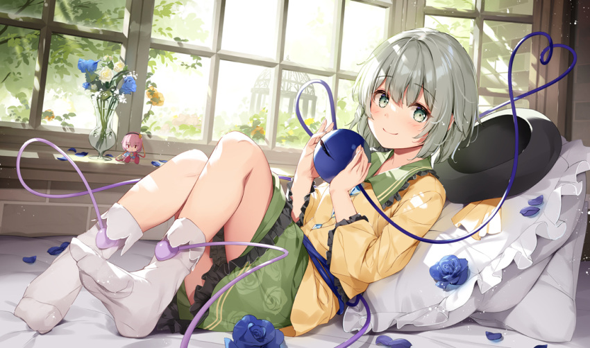 1girl black_headwear blue_flower floral_print flower green_eyes green_hair green_skirt headwear_removed komeiji_koishi komeiji_satori long_sleeves looking_at_viewer miyase_mahiro shirt short_hair skirt smile solo stuffed_toy touhou yellow_shirt