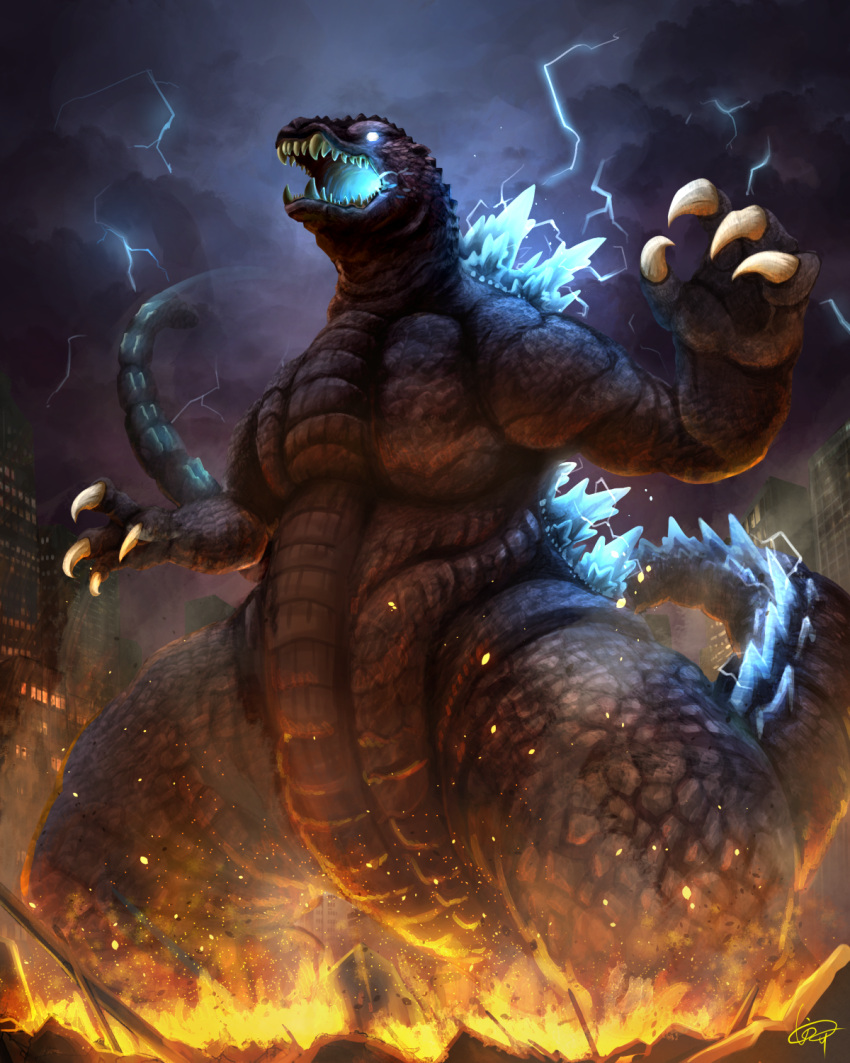 building claws destruction embers fire giant giant_monster glowing glowing_eyes godzilla godzilla_(series) highres inosuke_(monstruo) kaijuu lightning monster no_humans open_mouth scales sharp_teeth signature skyscraper solo storm teeth