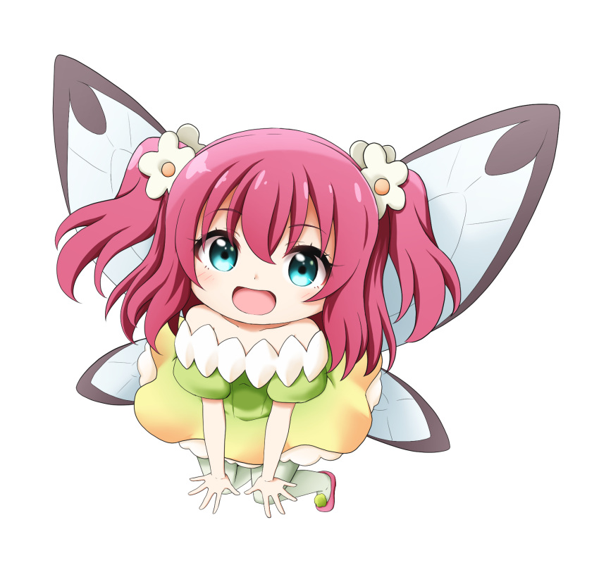 1girl :d bare_shoulders blue_eyes chibi dress fairy_wings flower full_body genjitsu_no_yohane gradient_dress green_dress hair_between_eyes hair_flower hair_ornament highres kuena kurosawa_ruby looking_at_viewer love_live! love_live!_sunshine!! off-shoulder_dress off_shoulder pantyhose pink_footwear pink_hair shoes short_sleeves simple_background smile solo two_side_up white_background white_flower white_pantyhose white_wings wings yellow_dress