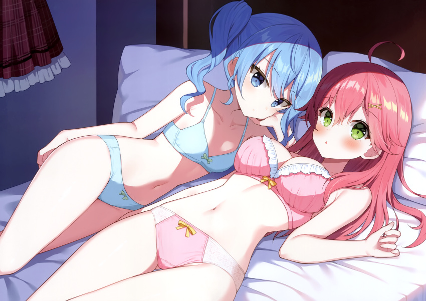 2girls absurdres ahoge bed blue_bra blue_eyes blue_hair blue_panties blush bow bow_bra bow_panties bra breasts cleavage green_eyes hair_ornament hand_on_own_cheek hand_on_own_face highres hololive hoshimachi_suisei large_breasts long_hair lying mauve multiple_girls on_back on_bed on_side panties parted_lips pillow pink_bra pink_hair pink_panties sakura_miko scan side_ponytail small_breasts underwear underwear_only virtual_youtuber x_hair_ornament