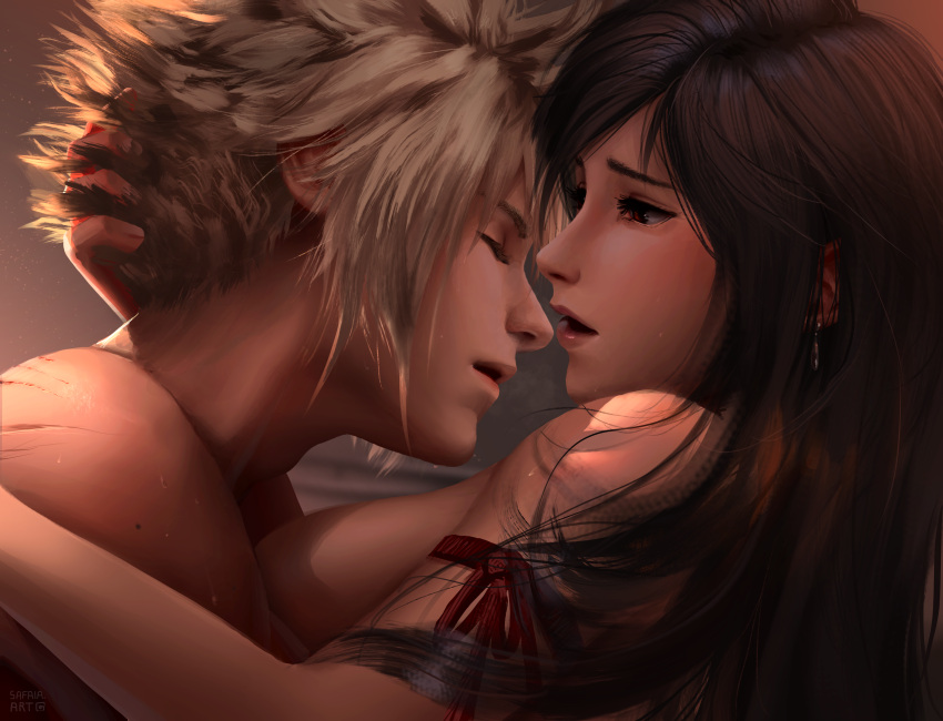 1boy 1girl absurdres arm_ribbon bare_shoulders black_hair blonde_hair boy_on_top breasts closed_eyes cloud_strife commentary couple earrings final_fantasy final_fantasy_vii final_fantasy_vii_advent_children from_side hand_on_another's_back hand_on_another's_head hetero highres indoors jewelry large_breasts lips long_hair looking_at_another nude parted_lips profile realistic red_eyes red_ribbon ribbon safaiaart scar scar_on_back single_earring spiked_hair sunlight symbol-only_commentary tifa_lockhart upper_body