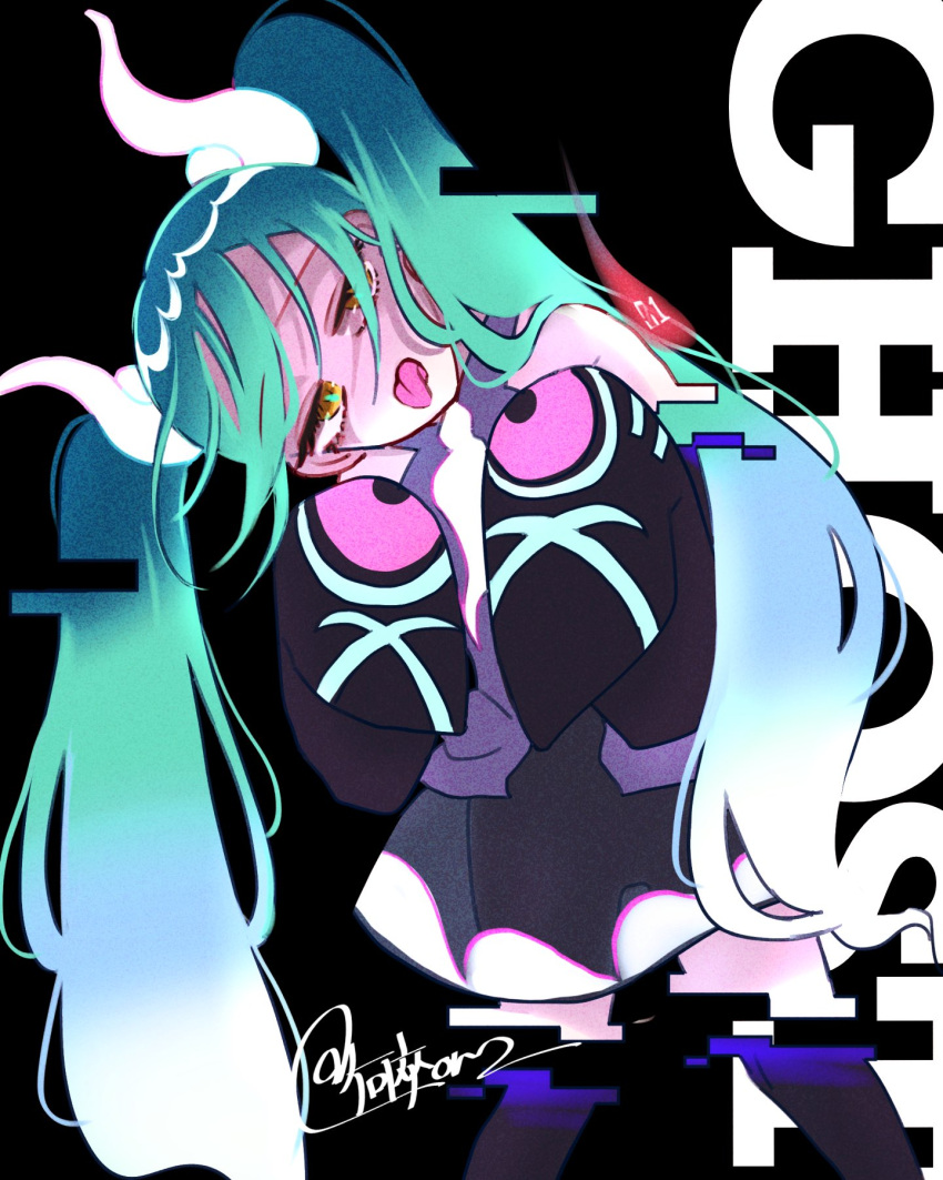 1girl bare_shoulders black_background black_skirt black_sleeves black_thighhighs blue_hair detached_legs detached_sleeves ghost_miku_(project_voltage) glitch gradient_hair grey_shirt hair_between_eyes hands_up hatsune_miku highres long_hair looking_at_viewer multicolored_hair nanitozo necktie pale_skin pokemon print_sleeves project_voltage see-through see-through_skirt shirt signature skirt sleeveless sleeveless_shirt sleeves_past_fingers sleeves_past_wrists solo standing thighhighs tongue tongue_out twintails very_long_hair vocaloid white_hair white_necktie will-o'-the-wisp_(mythology) yellow_eyes