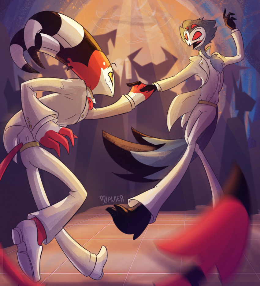 anthro avian bird blitzo_(helluva_boss) clothing dancing duo feathers grey_body grey_feathers helluva_boss hi_res humanoid imp male male/male mlavieer owl owl_demon red_body red_eyes red_skin stolas_(helluva_boss) white_clothing