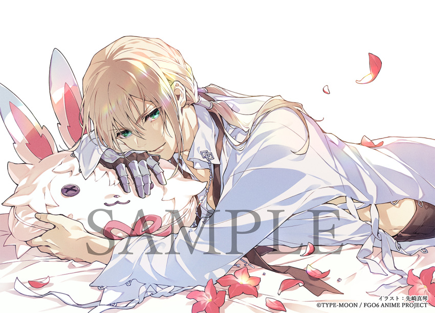 1boy airgetlam_(fate) alternate_costume bedivere_(fate) blonde_hair brown_necktie brown_pants closed_mouth collar_chain_(jewelry) collared_shirt copyright_notice cowboy_shot cross-laced_clothes fate/grand_order fate_(series) flower fou_(fate) green_eyes hair_between_eyes hair_tubes hugging_object long_hair long_sleeves looking_at_viewer low_twintails lying male_focus midriff_peek necktie official_art on_bed on_stomach open_collar pants petals pillow pillow_hug pink_flower prosthesis prosthetic_arm sample_watermark senzaki_makoto shirt simple_background smile solo stuffed_toy twintails undone_necktie watermark white_background white_shirt