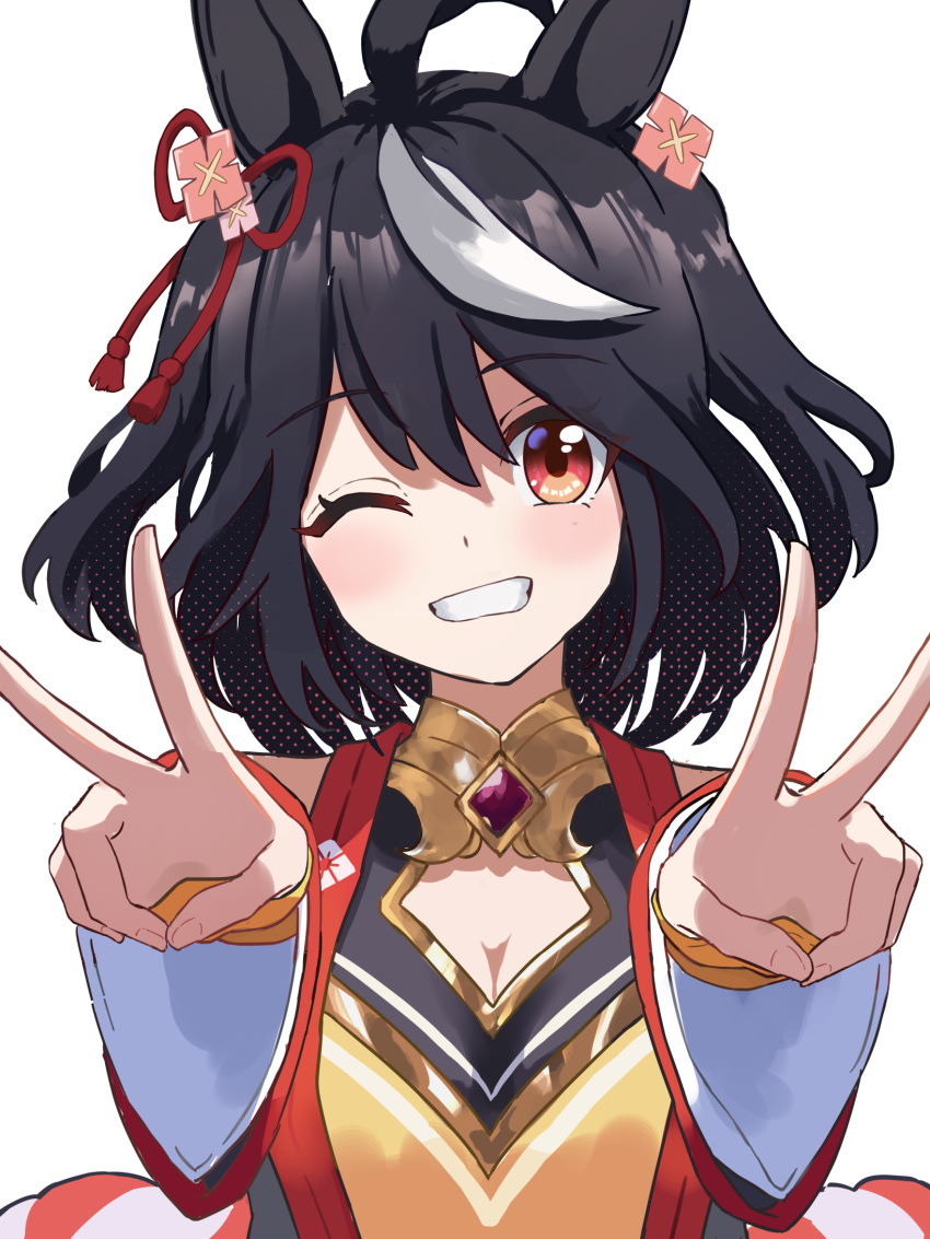 1girl animal_ears black_gemstone black_hair bob_cut breasts cleavage cleavage_cutout clenched_teeth clothing_cutout commentary_request detached_sleeves double-parted_bangs double_v dress gold_trim grin hair_between_eyes hands_up highres horse_ears horse_girl kitasan_black_(umamusume) kouhaku_nawa looking_at_viewer multicolored_hair one_eye_closed partial_commentary red_eyes rope ryoha_kosako shimenawa short_hair simple_background smile solo streaked_hair teeth two-tone_hair two_side_up umamusume upper_body v white_background white_hair wide_sleeves yellow_dress yellow_sleeves