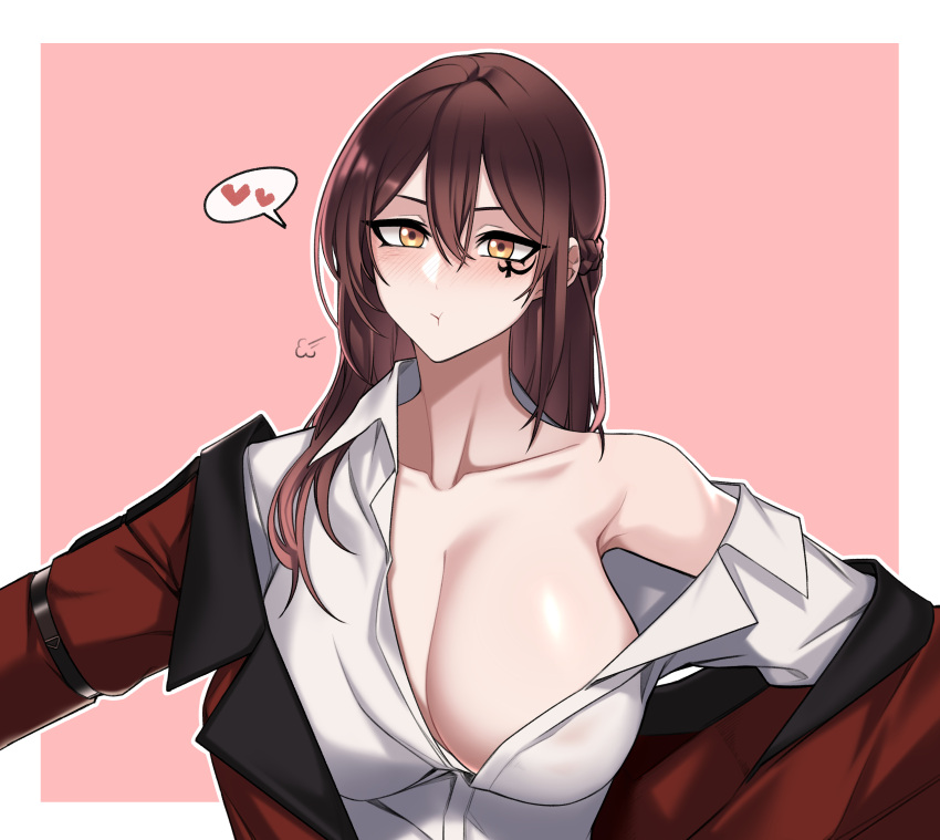 1girl =3 absurdres blush border braid breasts brown_hair cleavage closed_mouth collared_shirt commission dogs_(dlrkdejr26) female_commander_(girls'_frontline) girls'_frontline griffin_&amp;_kryuger_military_uniform hair_between_eyes heart highres huge_breasts jacket korean_commentary long_hair looking_at_viewer off_shoulder original pink_background pout red_jacket shirt simple_background single_off_shoulder solo spoken_heart upper_body white_border white_shirt yellow_eyes