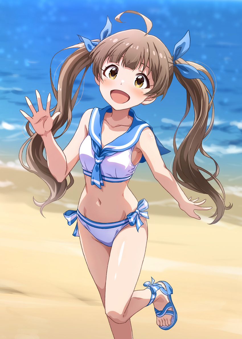 1girl :d ahoge ascot beach bikini blue_ascot blue_ribbon blunt_bangs blurry blurry_background blush brown_eyes brown_hair collarbone cowboy_shot eyelashes hair_ribbon hakozaki_serika highres huge_ahoge idolmaster idolmaster_million_live! idolmaster_million_live!_theater_days long_hair navel ocean ribbon rocktaso_co_ltd sailor_collar sailor_swimsuit_(idolmaster) sandals smile solo standing standing_on_one_leg swimsuit tareme twintails very_long_hair walking waving white_bikini