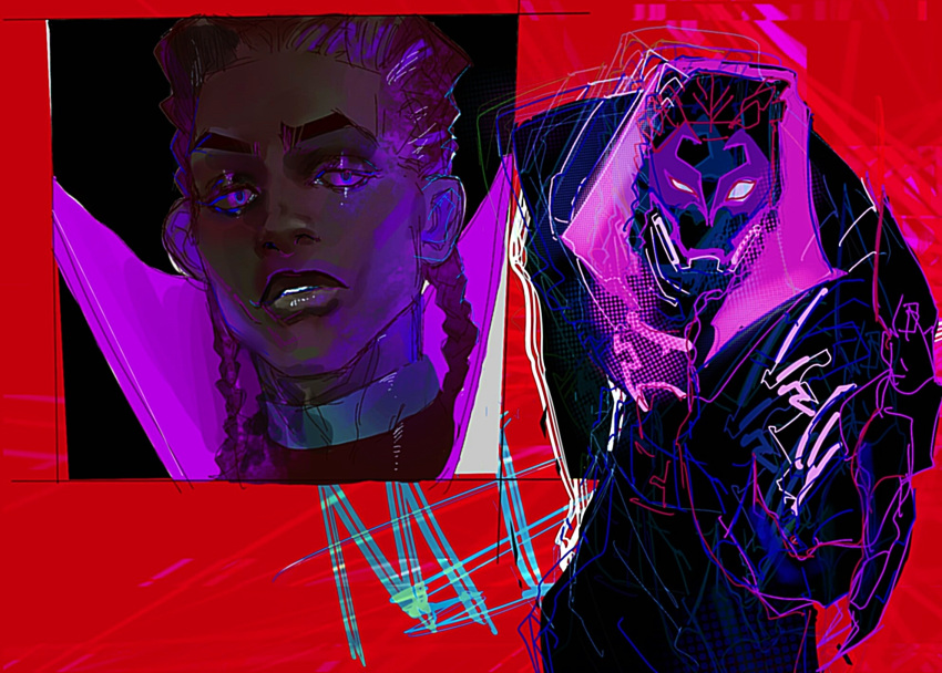 1boy belt black_lips braid brown_hair claws dark-skinned_male dark_skin flashbrandy hair_over_shoulder highres jacket male_focus marvel mask miles_morales multiple_views parted_lips prowler_(marvel) purple_eyes purple_theme red_background simple_background spider-man:_across_the_spider-verse spider-man_(series) spoilers thick_eyebrows twin_braids very_dark_skin