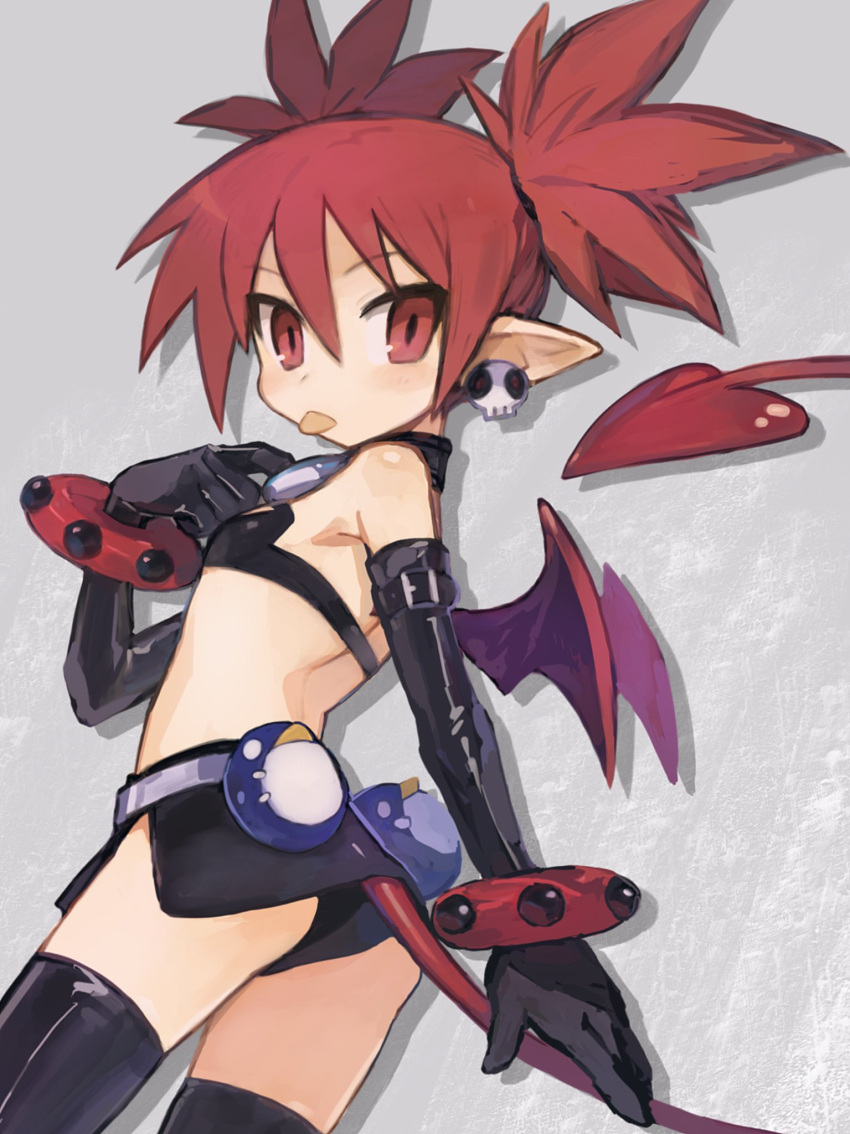 1girl :p ass black_gloves black_panties black_skirt black_thighhighs blush choker cowboy_shot demon_girl demon_tail demon_wings disgaea diszkr2 earrings elbow_gloves etna_(disgaea) flat_chest gloves grey_background highres jewelry looking_at_viewer looking_back microskirt o-ring o-ring_choker panties pointy_ears red_eyes red_hair red_tail red_wings skirt skull_earrings solo tail thighhighs tongue tongue_out underwear wings