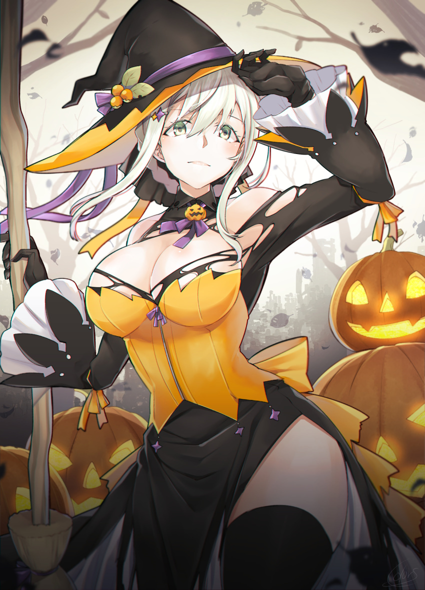 1girl adjusting_clothes adjusting_headwear amatsuki_colors black_dress black_gloves black_headwear black_thighhighs branch breasts broom brown_eyes cleavage cleavage_cutout closed_mouth clothing_cutout commentary dress frilled_sleeves frills gloves hair_ornament halloween hat highres holding holding_broom jack-o'-lantern jack-o'-lantern_ornament large_breasts light_brown_hair long_dress looking_at_viewer orange_dress orange_headwear original short_hair side_slit sidelocks solo standing thighhighs torn_clothes torn_dress two-tone_dress two-tone_headwear witch_hat