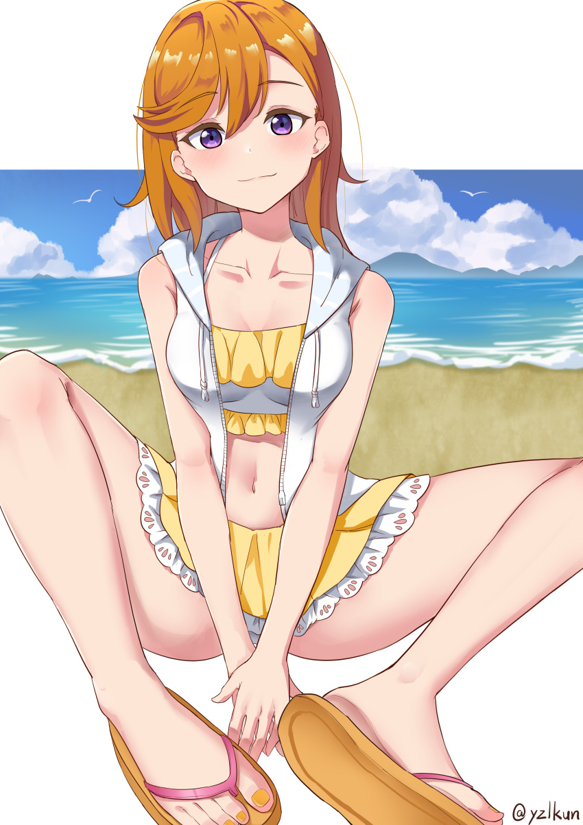 1girl absurdres beach blush breasts closed_mouth collarbone feet frilled_tankini highres jacket legs looking_at_viewer love_live! love_live!_superstar!! medium_breasts medium_hair nail_polish open_clothes open_jacket orange_hair outdoors purple_eyes sandals shibuya_kanon sitting skirt sleeveless sleeveless_jacket solo tank_top toenail_polish toenails toes twitter_username white_jacket yellow_nails yellow_skirt yellow_tank_top yzlkun