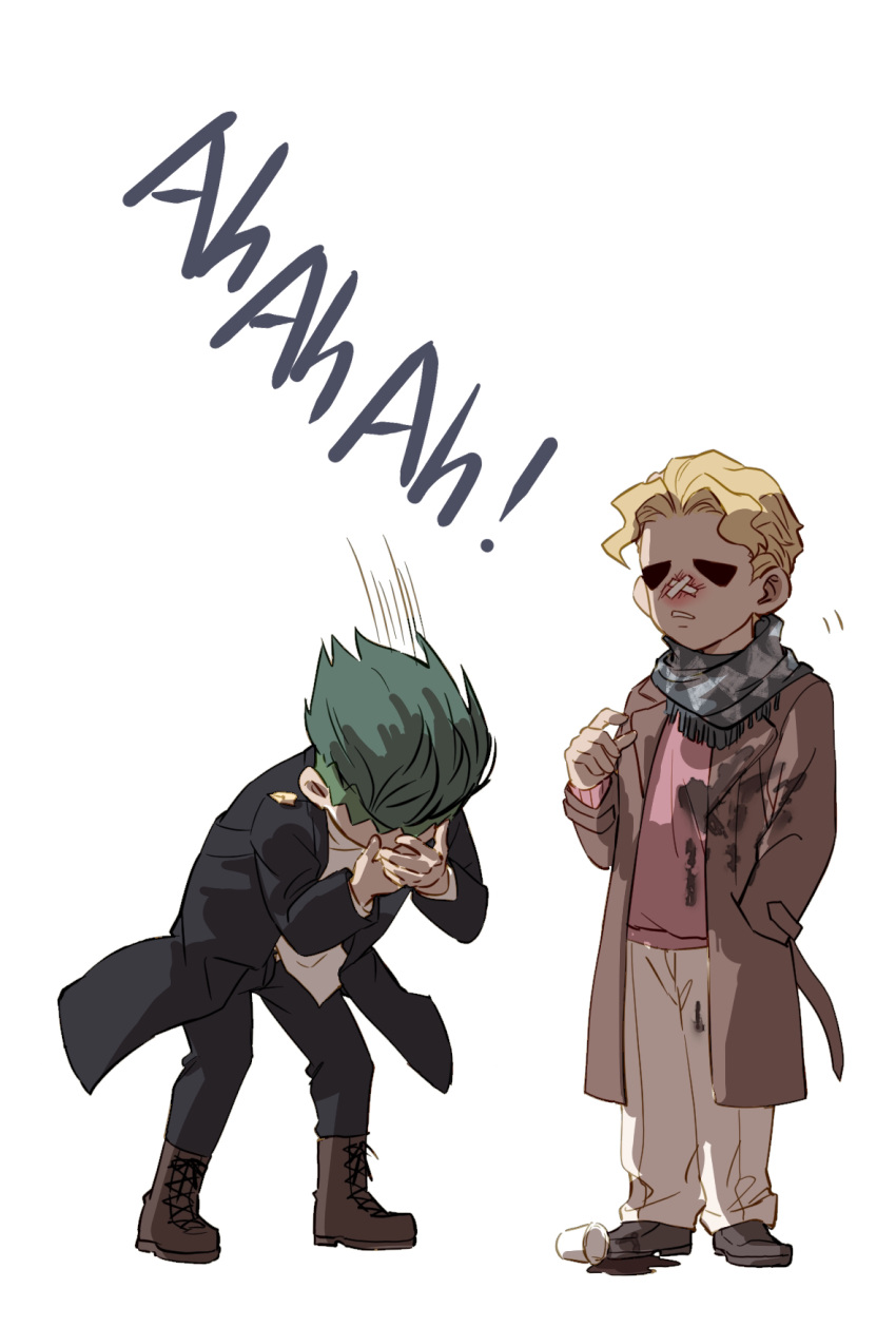 bandaid bandaid_on_face bandaid_on_nose black_coat blonde_hair boots brown_coat chibi coat coffee coffee_cup covering_face cup disposable_cup earrings green_hair hand_in_pocket highres jewelry jojo_no_kimyou_na_bouken killerohan kira_yoshikage kishibe_rohan leaning_forward scarf shaded_face shirt spilling wet wet_clothes wet_shirt winter_clothes winter_coat