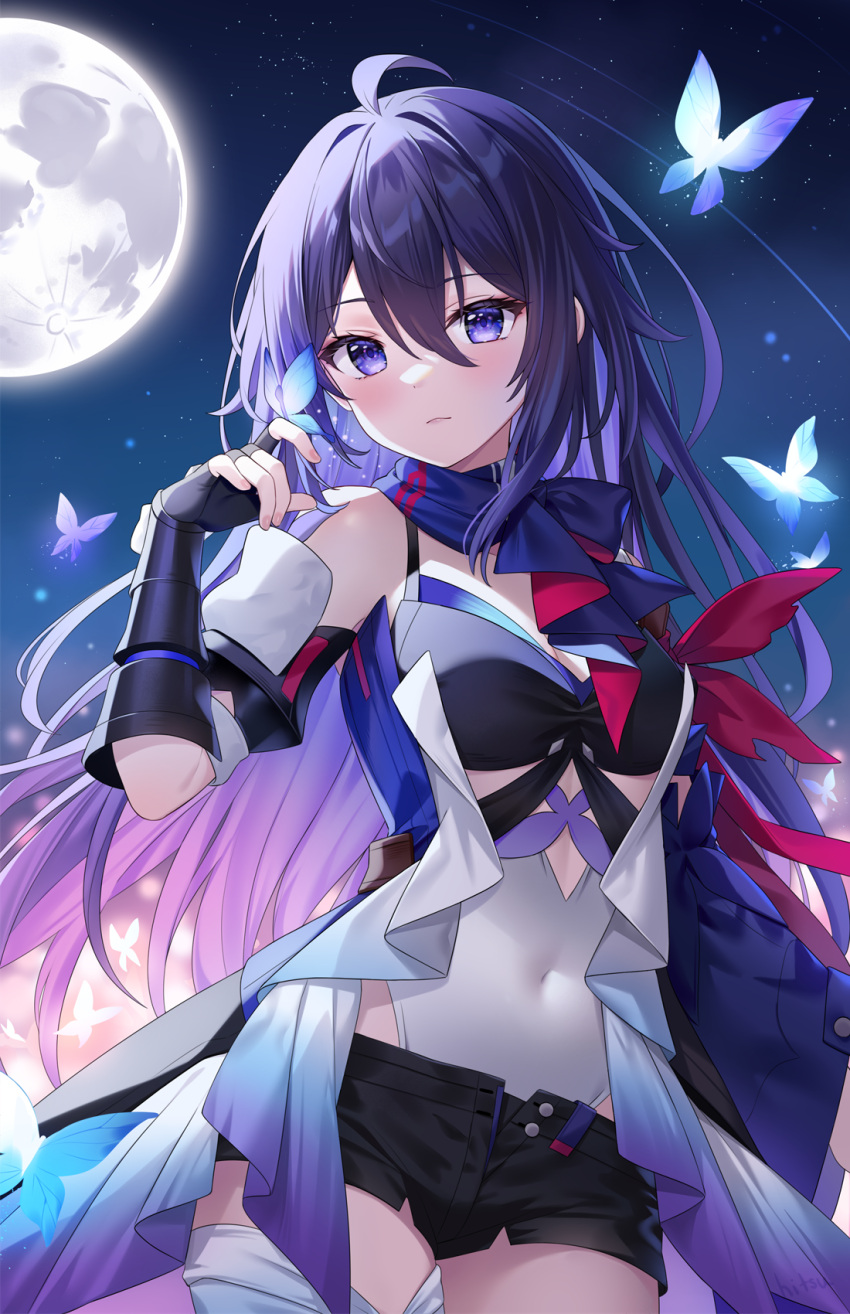 1girl bare_shoulders blush breasts cleavage commentary_request covered_navel full_moon highres hitsukuya honkai:_star_rail honkai_(series) leotard leotard_under_clothes long_hair looking_at_viewer medium_breasts moon night night_sky purple_eyes purple_hair purple_scarf scarf seele_(honkai:_star_rail) sky solo star_(sky) starry_sky thighs