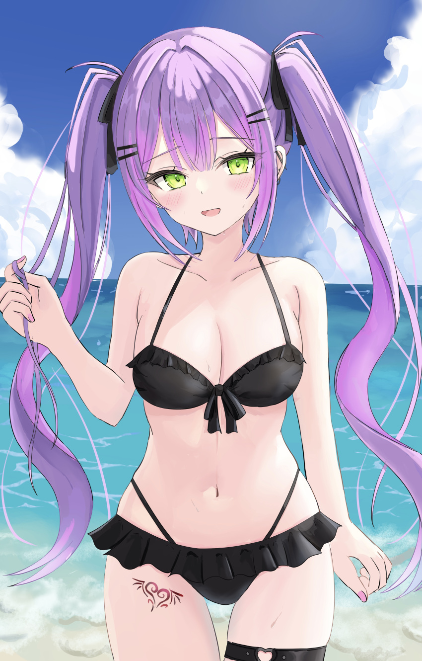 1girl absurdres bare_shoulders beach bikini black_ribbon blush breasts cloud cloudy_sky colored_inner_hair day demon_tail ear_piercing front-tie_bikini_top front-tie_top gradient_hair green_eyes hair_ornament hair_ribbon hairclip highleg highleg_swimsuit highres hololive leg_tattoo long_hair looking_at_viewer medium_breasts multicolored_hair navel open_mouth outdoors piercing pink_hair purple_hair ribbon sky smile solo streaked_hair swimsuit tail tamamorh tattoo thigh_strap tokoyami_towa twintails virtual_youtuber