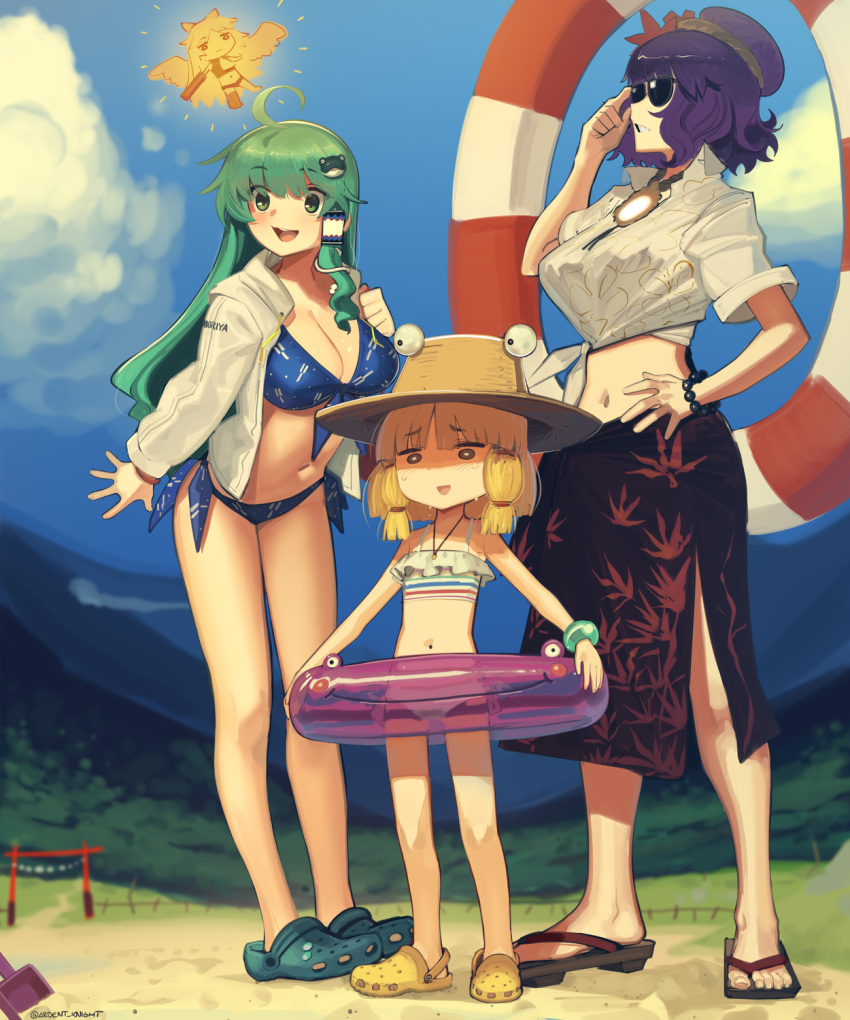 4girls :d adapted_costume ahoge arm_cannon boa_(brianoa) breasts chibi cleavage cloud crocs day flat_chest full_body green_eyes green_hair hand_on_own_hip hat highres innertube kochiya_sanae large_breasts long_hair looking_to_the_side moriya_suwako multiple_girls navel open_mouth outdoors petite purple_hair reiuji_utsuho sand smile standing swimsuit torii touhou trowel weapon yasaka_kanako