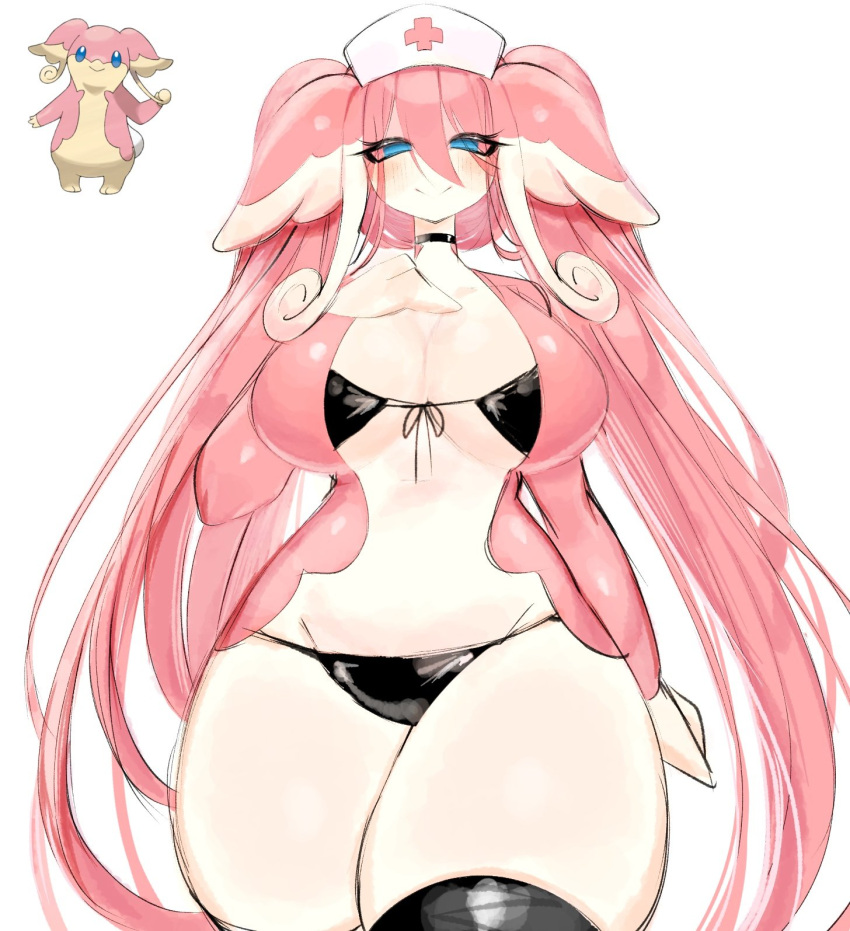 1girl animal_ears audino bikini black_bikini black_choker black_thighhighs blue_eyes breasts choker closed_mouth cowboy_shot hand_on_own_chest hat highres large_breasts long_hair looking_at_viewer monster_girl nurse_cap personification pink_hair pokemon pokemon_(creature) simple_background smile split_mouth standing swimsuit thick_thighs thighhighs thighs usa37107692 white_background