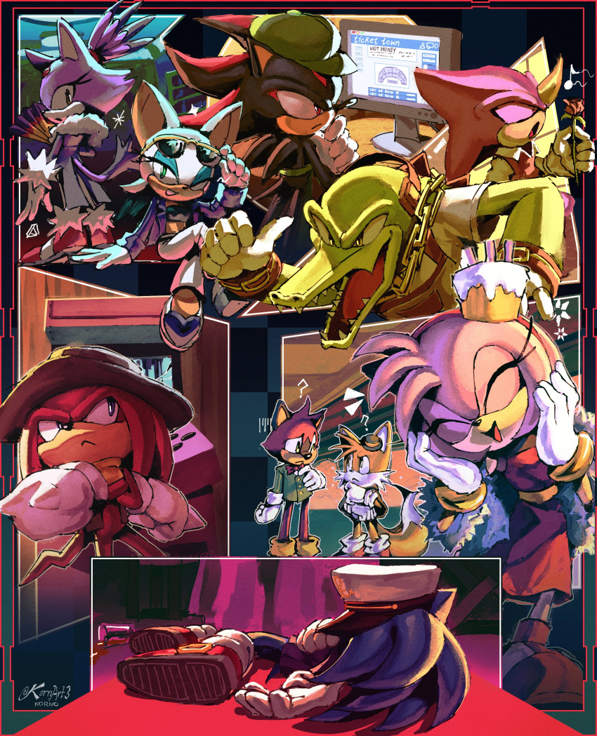 1other 3girls 6+boys ? absurdres amy_rose animal_ears animal_nose apron arcade_cabinet artist_name bandana baseball_cap bat_(animal) bat_ears bat_wings black_fur black_shirt blaze_the_cat blue_coat blue_eyes blue_eyeshadow blue_fur boxing_gloves brown_headwear brown_jacket cake_hair_ornament cat cat_ears cat_tail chain chameleon closed_eyes coat collared_shirt colored_skin computer corpse cowboy_hat crocodile crocodilian crop_top crossed_arms crossed_legs death dreadlocks dress echidna_(animal) espio_the_chameleon excited eyeshadow eyewear_on_head family_guy_death_pose_(meme) fedora flower food-themed_hair_ornament forehead_jewel fox fox_ears fox_tail frown fur_coat fur_trim furry furry_female furry_male gem gloves gold_bracelet gold_chain green_apron green_coat green_eyes green_headwear green_skin hair_ornament hairband hand_fan hands_on_own_cheeks hands_on_own_face hat heart hedgehog hedgehog_ears hedgehog_tail high_heels highres holding holding_eyewear holding_fan holding_flower horns jacket jewelry knuckles_the_echidna kornart lips lipstick long_sleeves looking_at_another looking_at_viewer lying makeup meme multiple_boys multiple_girls multiple_tails music musical_note on_floor on_side one_eye_closed open_clothes open_jacket open_mouth paper_fan pink_fur plaid plaid_coat protagonist_(the_murder_of_sonic_the_hedgehog) purple_dress purple_eyes purple_fur purple_jacket purple_skin purple_vest quokka red_dress red_eyes red_flower red_footwear red_fur red_gemstone red_hairband red_lips rose rouge_the_bat sailor_hat shadow_the_hedgehog sharp_teeth shirt shoes short_sleeves signature singing single_horn sleeveless sleeveless_dress smile sneakers snout socks sonic_(series) sonic_the_hedgehog sparkle spiked_gloves standing sunglasses tail tails_(sonic) teeth the_murder_of_sonic_the_hedgehog thinking two-tone_fur two_tails upper_body vector_the_crocodile vest white_footwear white_fur white_gloves white_headwear white_shirt white_socks wings yellow_bandana yellow_eyes yellow_footwear