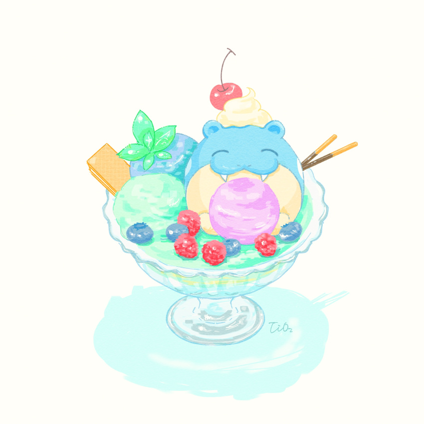 blueberry bowl cherry closed_eyes fangs food fruit happy highres ice_cream nostrils pocky pokemon pokemon_(creature) raspberry signature simple_background solo spheal titan_db1 wafer_stick whipped_cream white_background